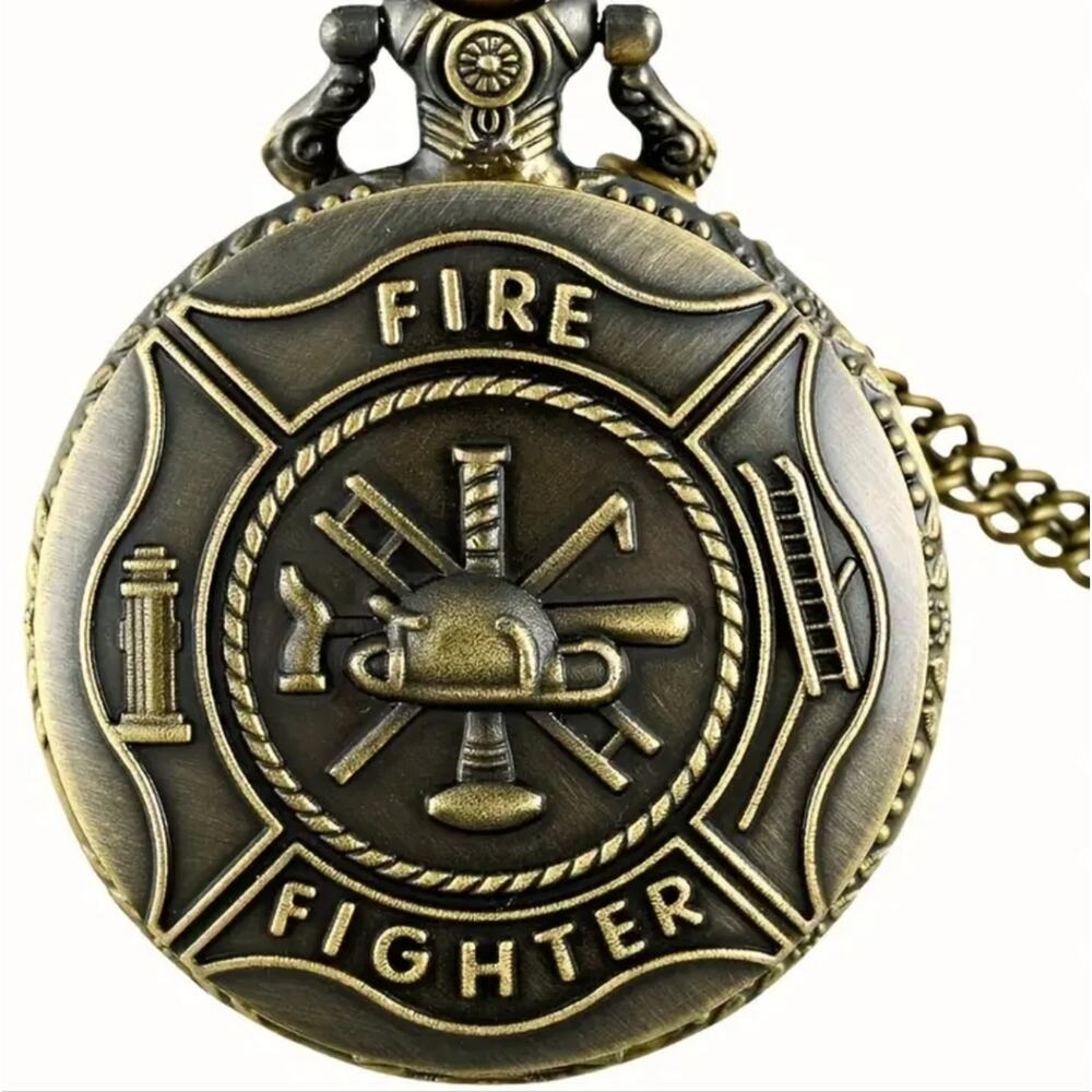 Gold Firefighter Pocket Watch Men's VTG Valentines Birthday Anniversary Dad Gift
